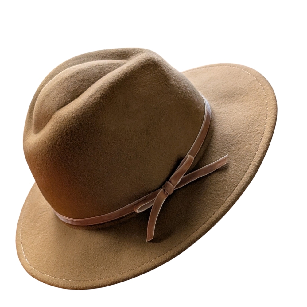 Camel Wide-Brim Felt Fedora Hat with Ribbon Accent